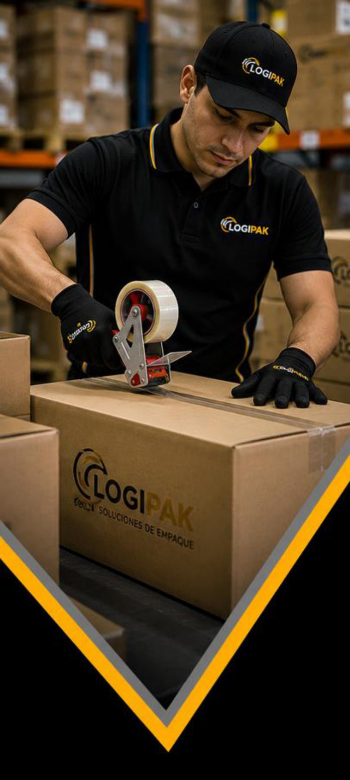 Operario Logipak embalando cajas con cinta adhesiva en almacén